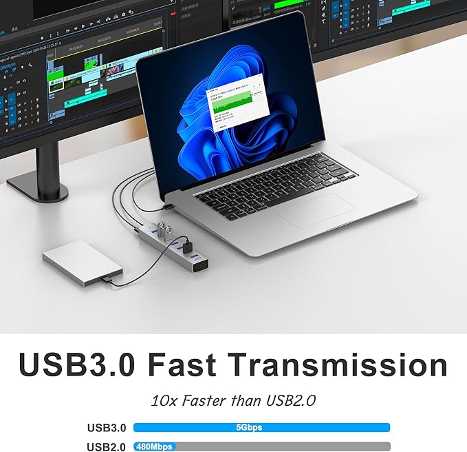 7 Ports USB Hub, Aluminum Multiport Desktop USB Adapter Powered USB Splitter for Laptop, Mobile Phones, PC, PS4 and Other USB Devices(3.3Ft Data Cable+3.3Ft Charging Cable)