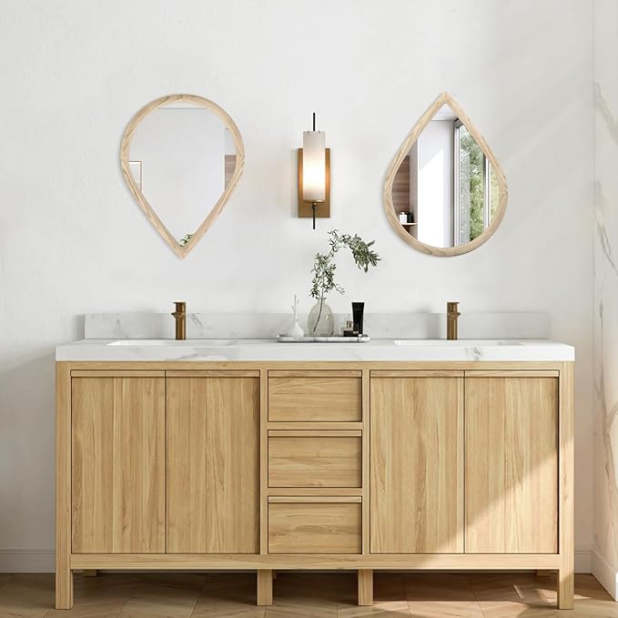 Teardrop Wall Mirror Small Natural Wood Framed Wall Hanging Mirror Irregular Mirrors for Wall Decorative Farmhouse Bedroom Bathroom Entryway Mirrors