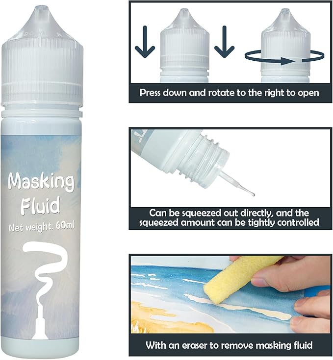 120ml Blue Masking Fluid for Watercolor Painting Kit, Fast Drying Easy Peel Use, Watercolor Masking Fluid Prevent staining Keeps Areas Colorless