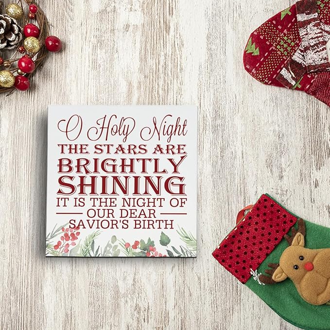 Christmas Christian Wooden Desk Decor Sign, O Holy Night The Stars Are Brightly Shining Wooden Box Sign, Religious Holiday Tabletop Home Plaque, Christmas Decoration 5x5 Inches
