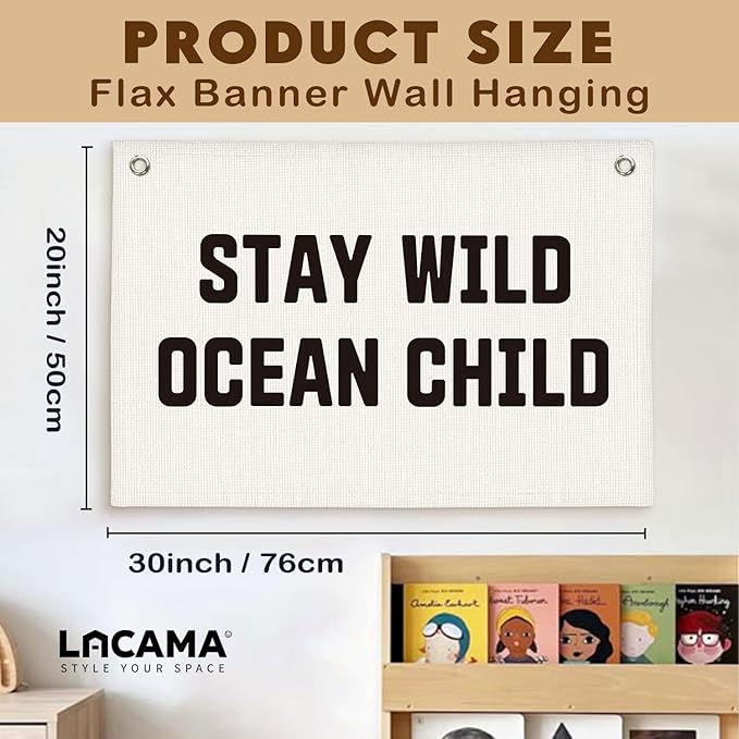 Lacama Beach Theme Wall Decor for Boys Room, Coastal Kids Playroom Nursery Hanging Sign, Stay Wild Ocean Child Linen Canvas Banner, Rustic Nautical Surf 20x30 Inch