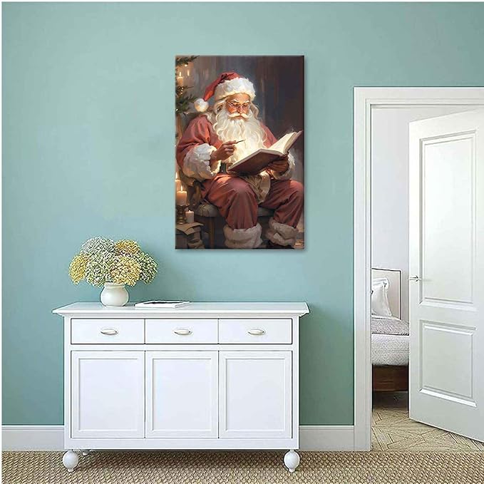 Framed Canvas Wall Art Vintage Christmas Wall Art Santa Writing Book Oil Painting Cottagecore Decor Academia Christmas Decor Winter Print 8x12in Wood Framed