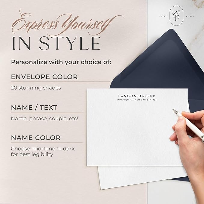 Personalized Stationery for Women & Men - A2 Flat Card with Custom Notecards, Handmade Personalized Note Cards with Envelopes and Name, Thank You Custom Stationery - Simplicity Flat