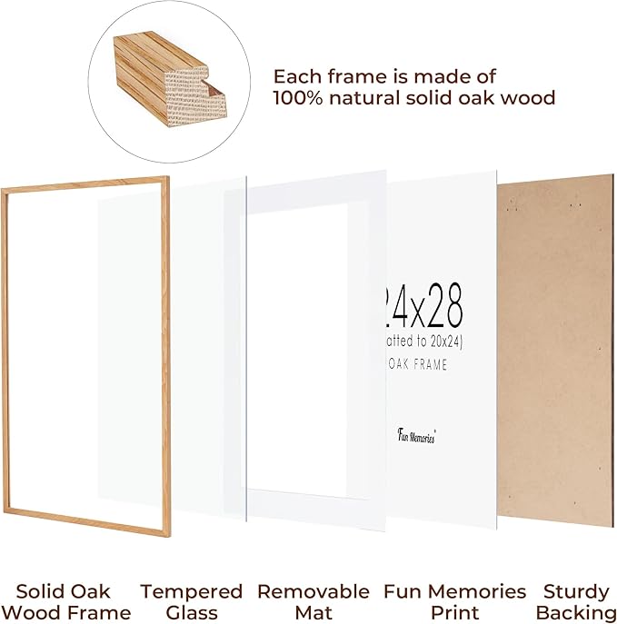 24x28 Picture Frame, Solid Oak Wood Frames 24 by 28, Rustic Wood Poster Frame 24"x28", 24x28 Frame with Mat for 20x24, 24 x 28 Frame with Tempered Real Glass (Natural Oak Color, 1 Pack)