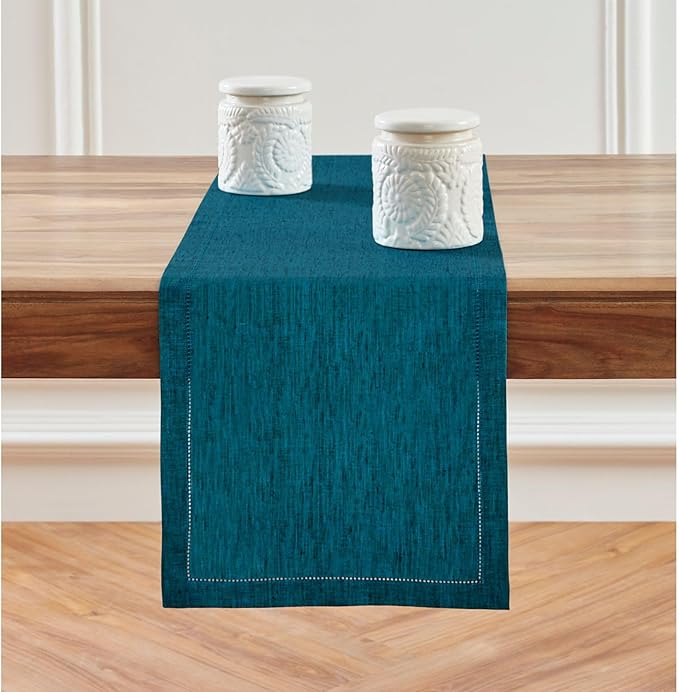 Solino Home Linen Table Runner 48 Inches - 100% Pure Linen Chambray Teal Hemstitch Table Runner 14 x 48 Inch Ideal for Dresser and Coffee Tables - Milan - Spring, Easter, St Patricks Day