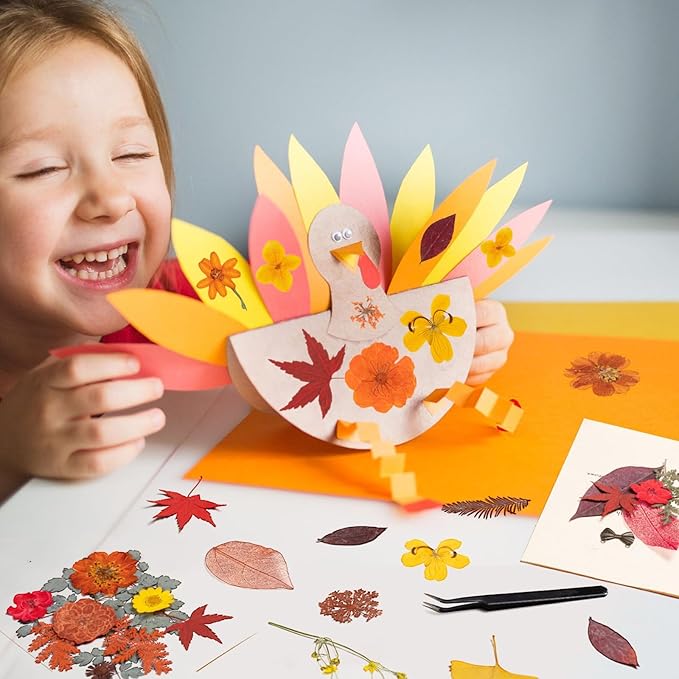 140 Pcs Fall Dried Pressed Flowers with Tweezer, Fall Themed Real Dried Flowers Leaves for DIY Crafts Resin Molds, Yellow Orange Dried Flowers for Autumn Halloween Thanksgiving Decorations