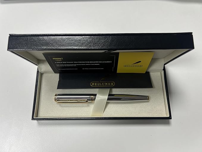 BEILUNER Silver Chrome Fountain Pen,Stunning Luxury with 24K Gold Accents, Gorgeous 24K Gilded Nib(Fine), Trustworthy Pen Gift for Men&Women -Ink Converter-Elegant, Graduation,Nice Pen for Writing