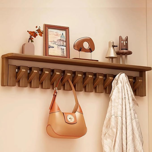 Wall Mounted Coat RackHooks Piano Key Hangers Natural Solid Wood Hanger Non-Woven Fabric Clothes Hangers for Closet, Kitchen, Bedroom, Bathroom, Entryway (Tray-Walnut, 12 Hooks)