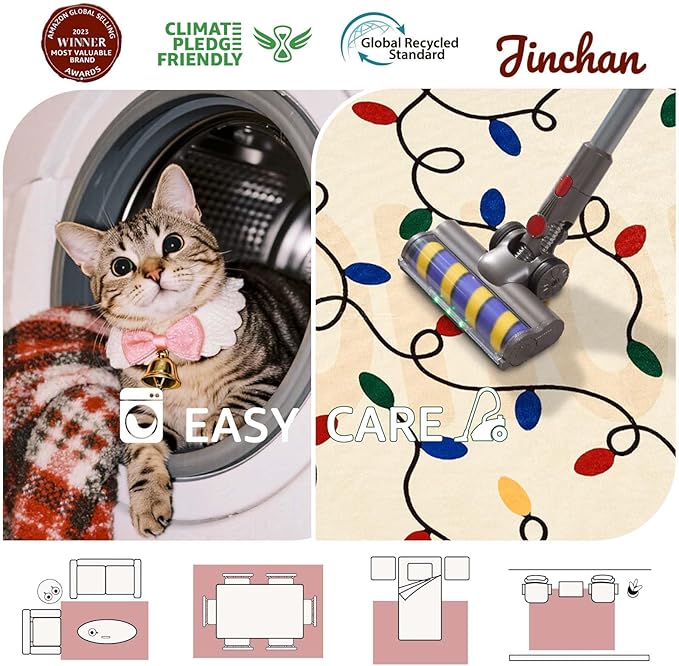 jinchan Jingle Lights Christmas Rug 4x6 for Living Room Bedroom Beige Holiday Decorative Rug for Dining Room Foyer Colored String Lights Printed Xmas Decor Washable Non Slip Floor Carpet