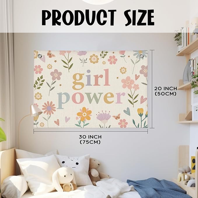 Girl Power Flower Wall Hanging Banner - Linen Flag Decor for Little Girl's Room, Baby Girl, Toddler Room Wall Decor