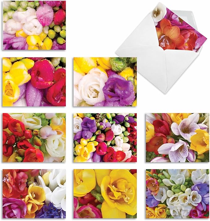The Best Card Company - 10 Blank Note Cards with Flowers (4 x 5.12 Inch) - Floral Notecards, All Occasion Boxed Assortment - Fanciful Freesias M3040