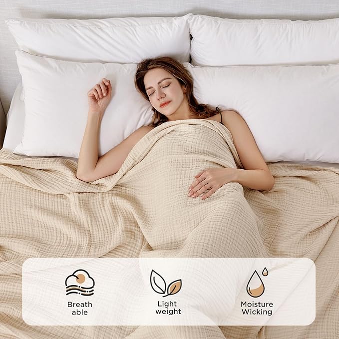 Joydeco 100% Cotton Muslin Throw Blanket for Couch Bed and Sofa, 4-Layer Lightweight and Breathable Soft Gauze Blanket for All Season, Luxury Throws Cotton Blanket Gift(Light Tan, 50"x70")