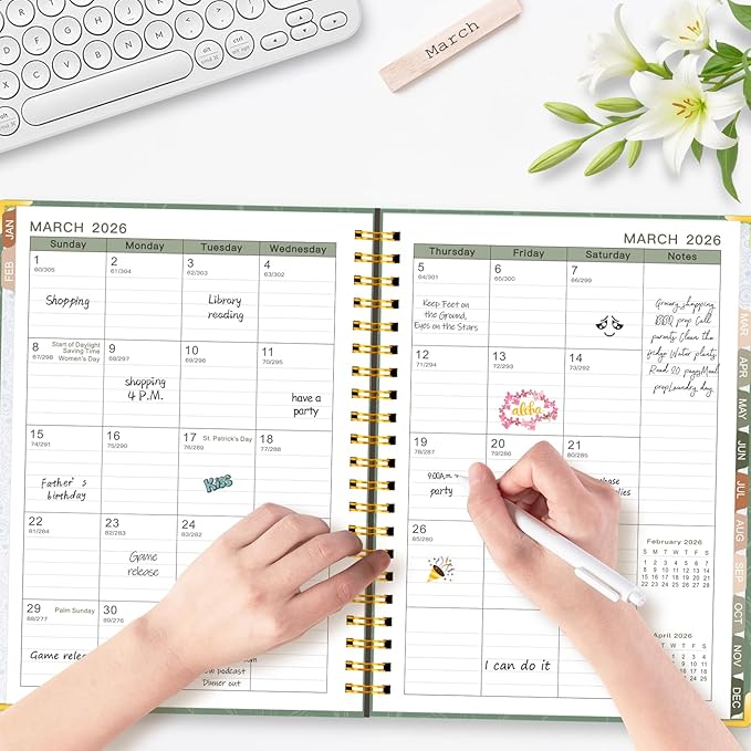 GuassLee 2026 Planner, Weekly and Monthly Planner from January 2026-December 2026, 8.4"x 6.1" Aesthetic Greenery Agenda Book with Back Pocket, Stickers, Coated Tabs, A5 Size