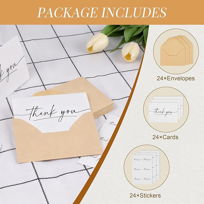 TONOS Thank You Cards with Envelopes, 24 Pack, 3.5x5 Inch, Blank Inside – Minimalist Thank You Notes for Wedding, Baby & Bridal Shower, Coworkers, Small Business