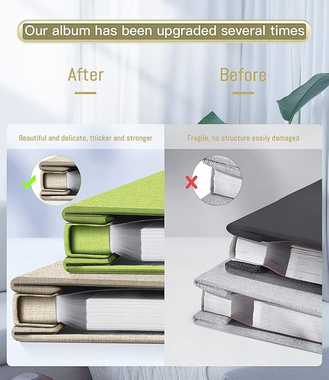 popotop Photo Album Self Adhesive with Picture Display Window,60 Pages DIY Scrapbooking Supplies Kit for 4x6 8x10 Picture,Linen Cover Memory Book for Baby Wedding, with Scraper and Metallic Pen