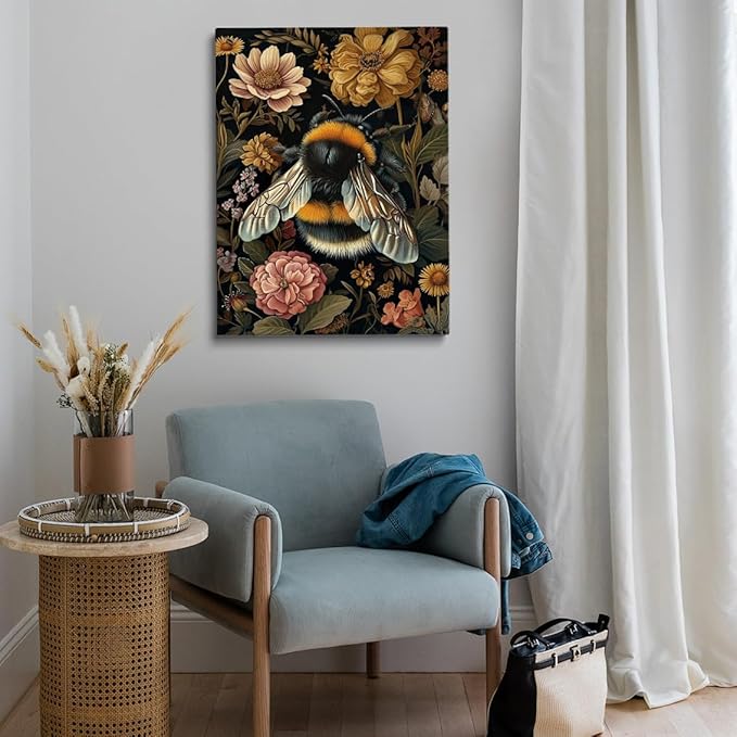 William Morris Style Bumble Bee Print William Morris Wall Art Exhibition Print Vintage Wall Art Textiles Art Vintage Poster Bumble Bee Insect Art for Living Room Bedroom 12x16in Frame wall art