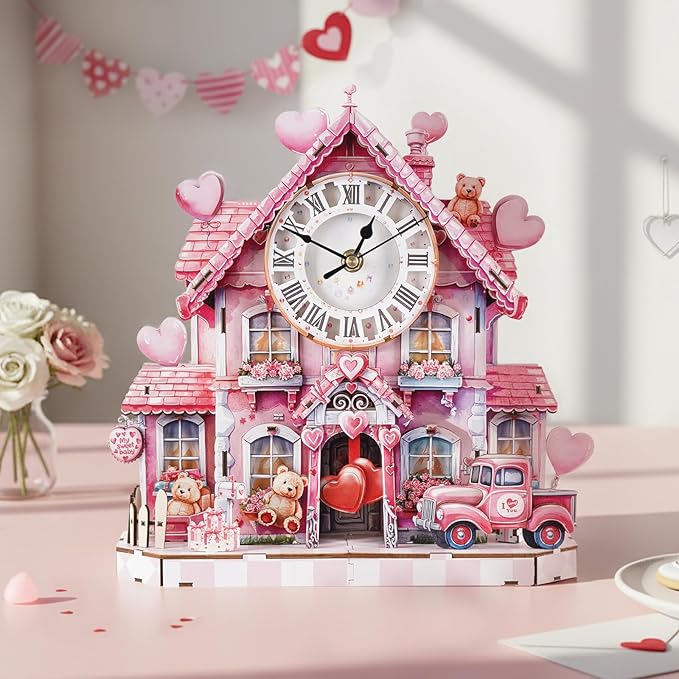 3D Puzzles for Adults Clock-Sweetheart Cottage Design Model Kit-Mechanical DIY Pendulum Clock with Roman Numerals-Desk Home Office Decor Personalized Gift for DIY Lovers
