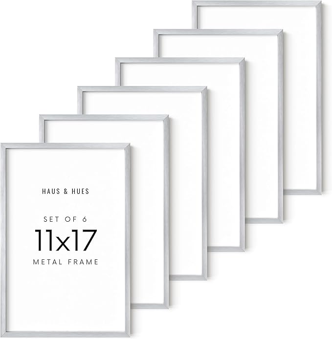 HAUS AND HUES 11x17 Silver Metal Picture Frames - Features Premium Aluminum, Vertical & Horizontal Hang, Shatterproof Plexiglass - Perfect for Home, Room, Office (11x17 in, Silver, Set of 6)