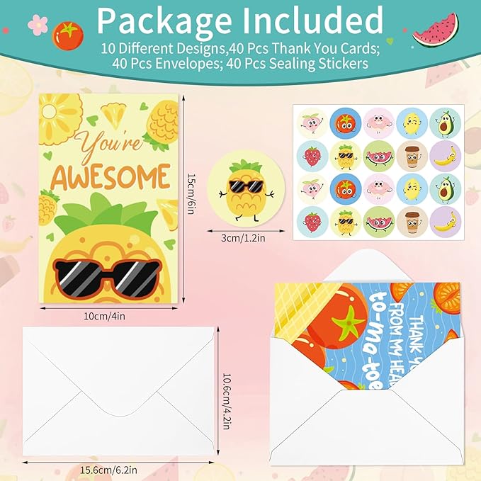 40 Pack Funny Thank You Cards with Envelopes & Stickers, 4×6 in Cute Thank You Card, Blank Cards and Envelopes Greeting Card for Kids Birthday, Wedding, Baby Shower, Thanksgiving, Christmas