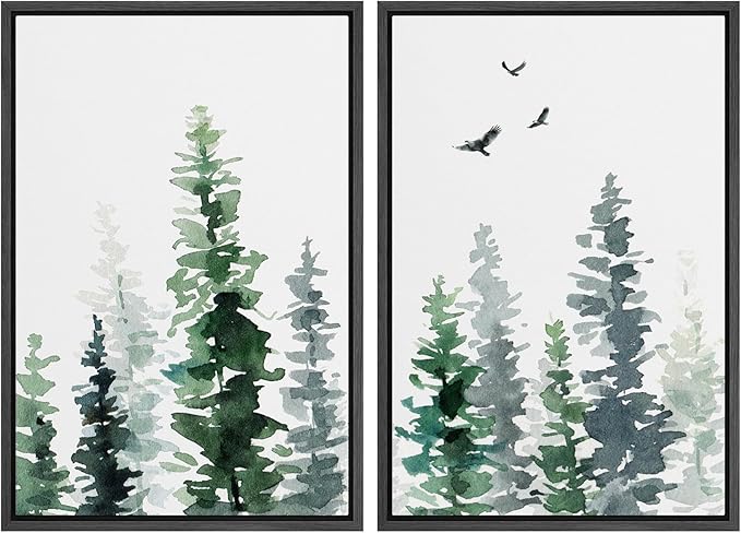 SIGNWIN Framed Wall Art Print Set Watercolor Green & Gray Forest and Birds Nature Wilderness Illustrations Modern Art Rustic Relax/Calm Multicolor for Living Room, Bedroom, Office - 24"x36"x2 Black