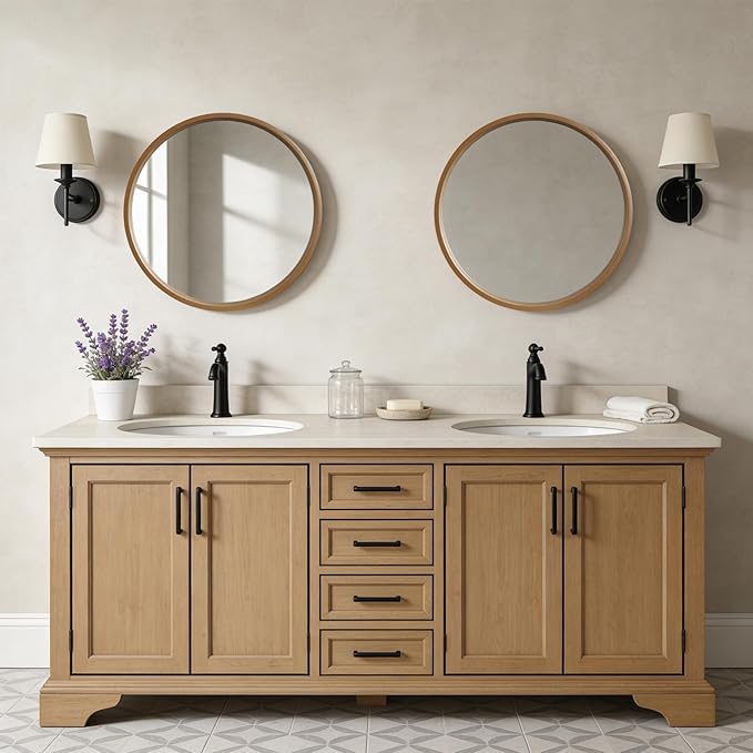 WallBeyond 24 Inch Natural Round Wood Mirror, Circle Wooden Frame Wall Mirror for Bathroom, Living Room, Bedroom, Entryway