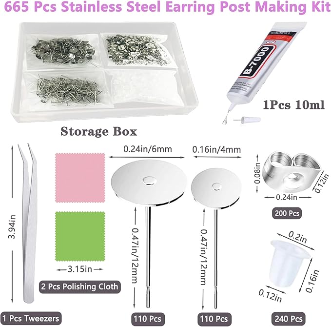 N NOROCME 665Pcs Earring Posts with Jewelry Glue Tweezers,Stainless Steel Jewelry Making Hypoallergenic Earring Posts and Backs,Stud Earrings with Butterfly Rubber Earring Backs DIY Making Findings