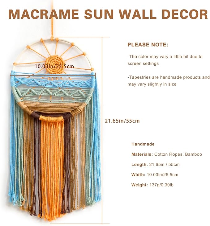 2 Pack Macrame Sun Wall Decor Hanging Tapestry Sunshine Sunset Wall Art Set, Rustic Woven Tapestries Boho Dream Catcher Colorful Decor for Bedroom Living Room Nursery (Orange 2pcs)
