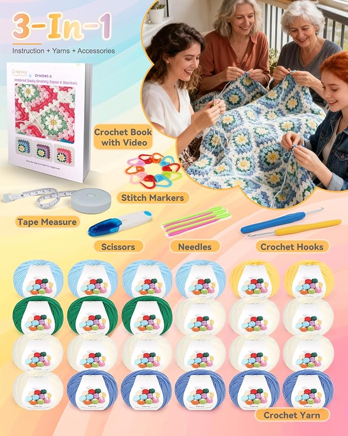 Coopay 3D Blanket Crochet Kit for Beginners, All-in-One Granny Square Blanket Kit with Step-by-Step Video & Enough Yarns - Master 3D Granny Square Crocheting Easily, Ideal Gift for Craft Lovers (Blue)