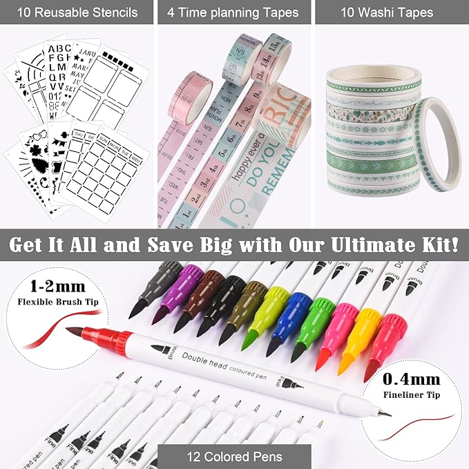 Bullet Dotted Journal Kit, 140gsm Hardcover A5 Dotted Journal with 188 Numbered Pages and 3 Index, 12 Brush Pens Dual Tip, 10 Stencils and 14 Washi Tape for Women Men Teen Girls, Gray