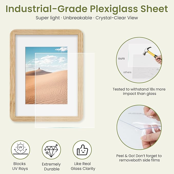 Dreamland 8.5x11 Picture Frame, Solid Oak Wood Photo Frame with Mat for 6x8, Round Corner 8.5 x 11 Matted Picture Frames with Resistant Plexiglass for Wall Mounting or Tabletop, Oak Color, Set of 1