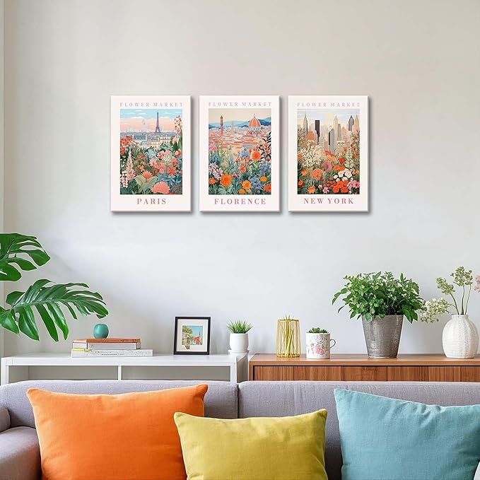 XLARTMY Flower Market Wall Art Prints Canvas Orange and Pink Floral Paintings Colorful Botanical Travel Flower Posters for Home Decor Pictures Set of 3 for Living Room Bedroom 16x24in