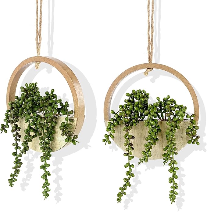 2PCS 12.2" Fake Hanging Plant, Succulent Wall Decor, Fake Plants Decor, String of Pearls in Pot with 8.3" Lanyard for House Indoor Outdoor Bedroom Wall Decor Aesthetic (Wooden)