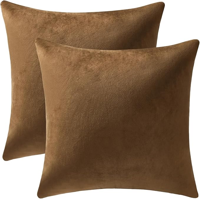 Throw Pillow Cases 16x16 Golden Brown: 2 Pack Cozy Soft Velvet Square Decorative Pillow Covers for Farmhouse Home Decor