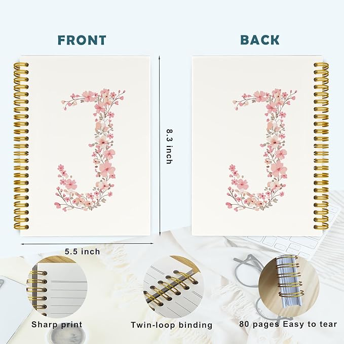 Pink Cute Spiral Notebook Journal, Preppy Floral Initial Letter J Personalized Journaling Notebooks, Monogrammed Gifts for Women Girls, Botanical Hardcover Spiral Lined Notebook 5.5 x 8.3