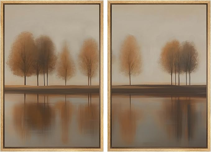 SIGNWIN Framed Canvas Print Wall Art Set Autumn Trees by The Lake Warm Brown Landscape Illustrations Modern Art Scenic Colorful for Living Room, Bedroom, Office - 24"x36"x2 Natural