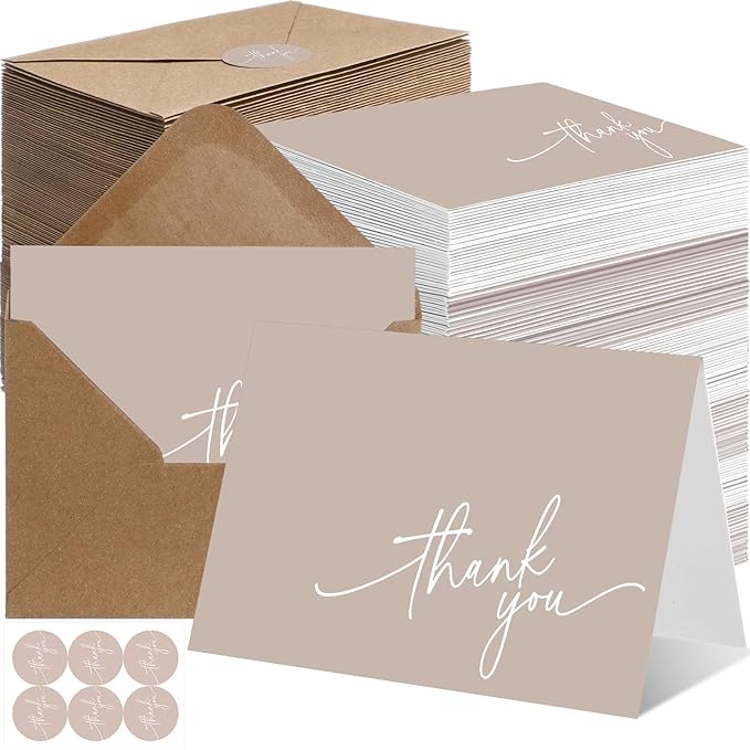 Gueevin 200 Pcs Thank You Cards with Kraft Envelopes and Stickers Bulk, 3.5 x 5 Inch Classy Blank Thank You Notes for Wedding, Business, Graduation, Baby Shower, Bridal Shower, Funeral (Khaki)