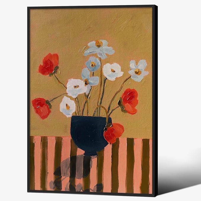 Spring Antique Flower Oil Painting Poster French Country Botanical Canvas Wall Art 24X36 inch Black Framed Antique Cottagecore Art Prints for Bedroom Kitchen Farmhouse Wall Decor