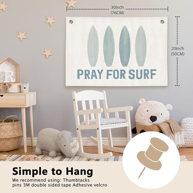 Coastal Beach Surf Kids Room Decor - Linen Banner Wall Hanging Canvas Banner Flag Decor for Kids Toddler Bedroom Nursery Playroom