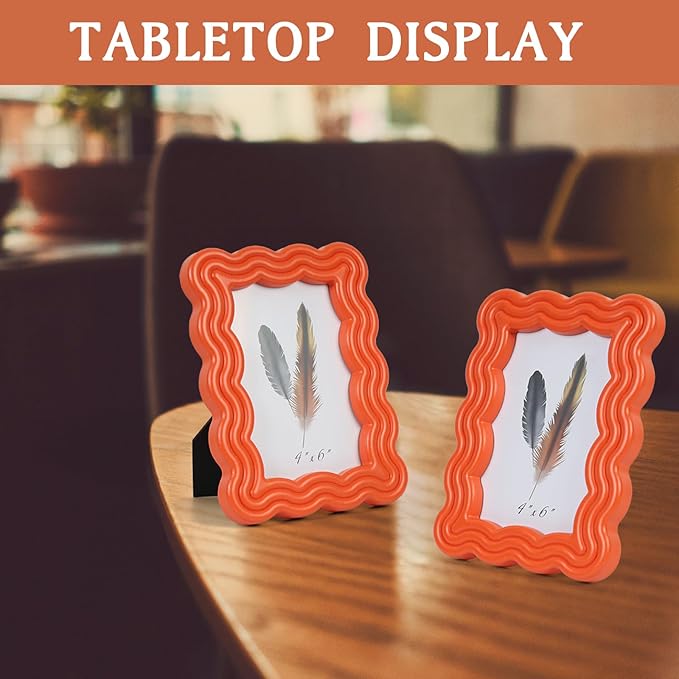 5x7 Picture Frame, Display Pictures 5x7 with Mat, Wavy Edge Wood Photo Frame for Tabletop and Wall Hanging, with Clear Plexiglass for Vertical or Horizontal Display, Orange, 1 Pack
