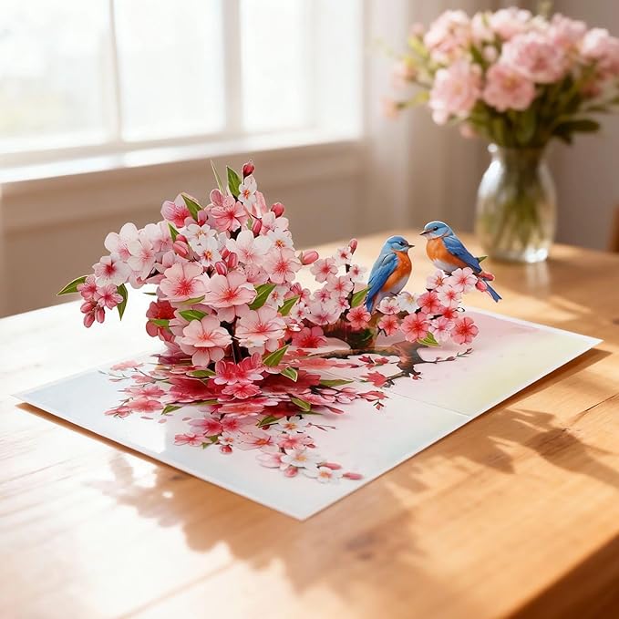 Cherry Blossom Flower Greeting Cards Pop Up 3D Gift for Happy Birthday, Anniversary, Thank you, Robin Bird All Occasions Mom Wife Grandma Grand Parent Couples Men Women