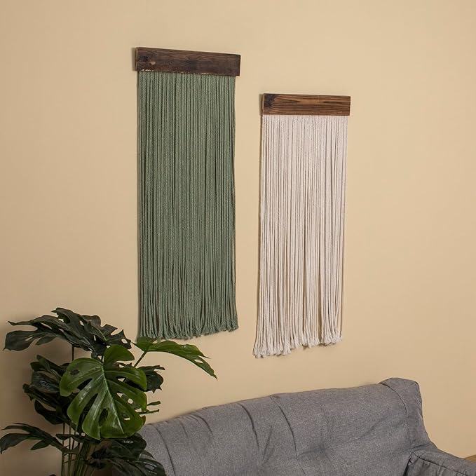 LB Beige Light Green Macrame Wall Hanging Set of 2, Boho Tapestry Wall Hanging Macrame Wall Art Handmade Yarn Woven Wall Art Modern Home Decor Headboard Wall Decor for Bedroom Living Room, 12x31 Inch