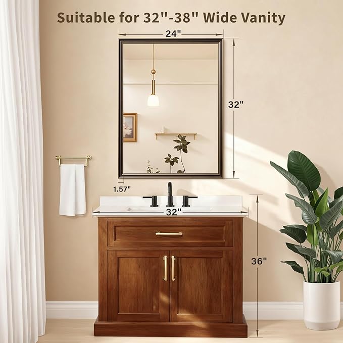 Retro Copper Effect Framed Wall Mirror, 24x32 Rectangle Mirror, Anti-desilvering Tempered Glass, Sustainable&Sturdy Frame, Anti-Rust, HD Reflection &3min Fast Setup for Bathroom Living Room