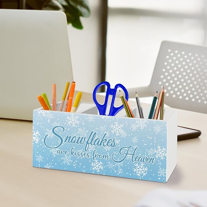 Blue Winter Christmas Pen Pencil Holder Organizer for Desk Accessories, Winter Snowflakes Wooden Box Sign Desk Decor for Home Office Decoration, Blue Christmas Decor