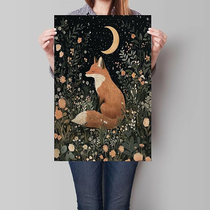 Fairytale Dreamy Fox Wall Art Vintage Moonlit Forest Floral Plant Night Canvas Poster Print Whimsical Nature Aesthetic Picture Decor for Nursery Living Room Bedroom Office 20x30inch Unframed