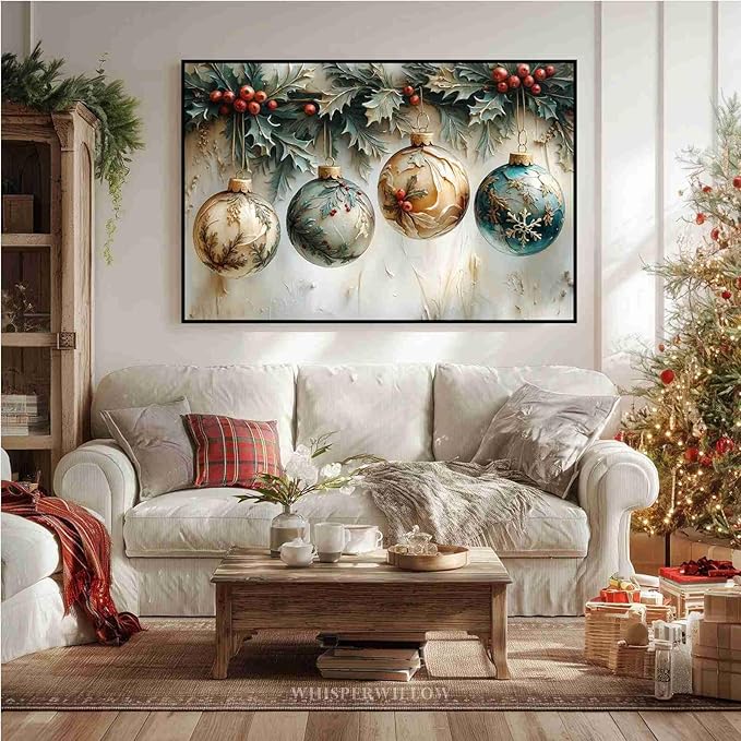Christmas Ornament Balls Holiday Ball Decor Festive Print Vintage Christmas Canvas Wall Art Hanging Poster Vintage Holiday Print Indoor Decor for Home Offices Living Room Bedroom Framed Ready to Hang