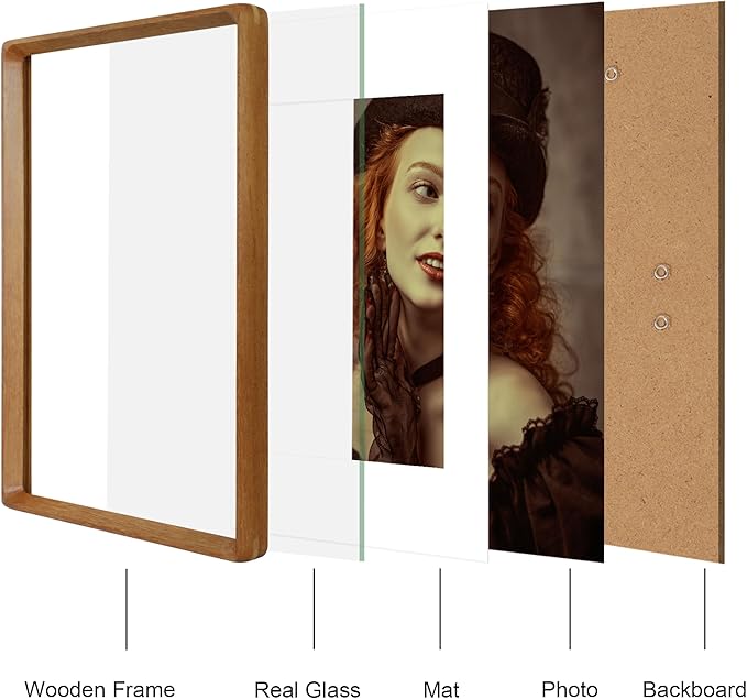 11x14 Picture Frame Natural Teak Wood with Mat for 8x10, Original Natural Solid Wood 11 by 14 Photo Frames with Tempered Glass Cover for Wall and Tabletop Display
