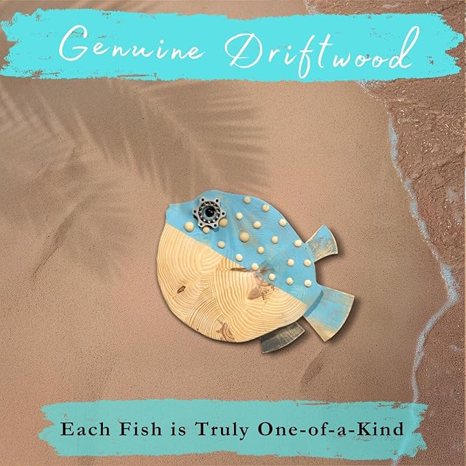 Mint Bucket Brands Driftwood Puffer Fish Nautical Wall Decor - 14.5" x 9" Handmade Wooden Rustic Coastal Wall Art for Living Room, Bedroom, Office, Bathroom - Ocean Beach Decoration (Bubba)