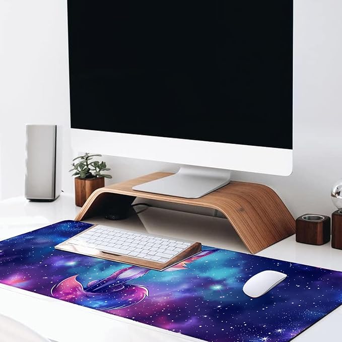 Galaxy Fox Large Gaming Desk Mat,Rubber Non-Slip Cosmic Animal Mouse Pad,31.5x11.8x0.12in Extended Space Blue Mousepad,Game Lover Mice Pads Gifts,Office Home Deskmat Decor