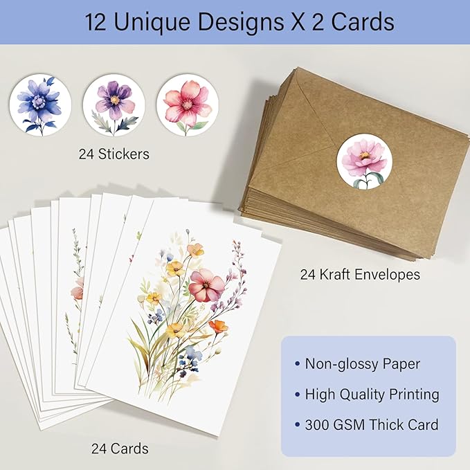 24 Floral Blank Cards and Envelopes, 4x6 Wildflower Blank Note Cards for All Occasions - Sympathy Thank You Condolences Funeral Thinking of You Mother's Day Wedding Graduation, Etc
