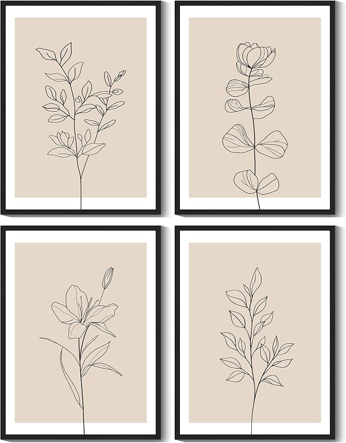 Drsoum Botanical Boho Framed Wall Art Wooded Minimalist Aesthetic Flower Prints Farmhouse Retro Plants Rustic Bathroom Kitchen Home Decor Ready to Hang 11x14inx4pcs (Black Framed)